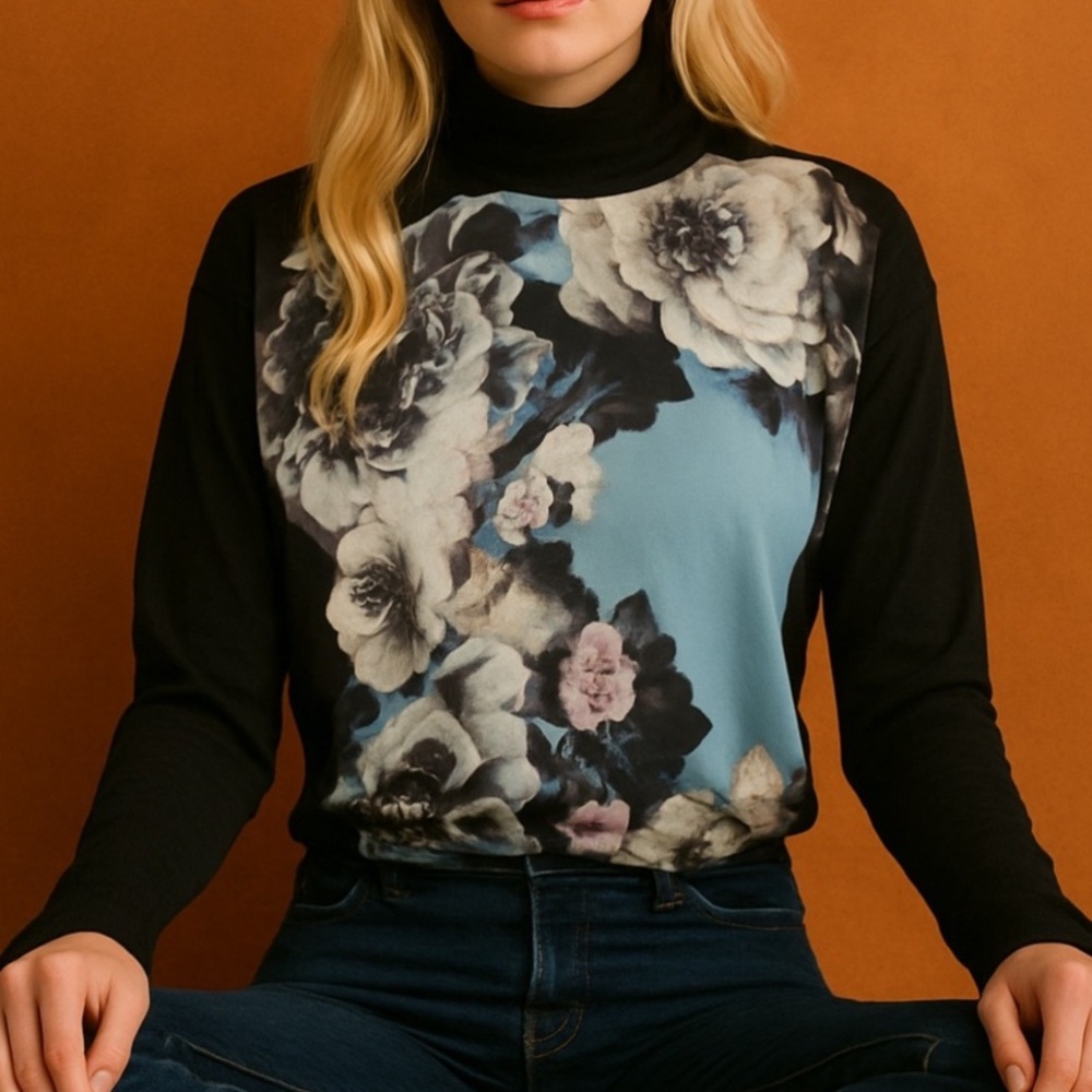 NWOT Silky Dark Black Floral Artsy Watercolor Turtle Neck Shirt Blouse Medium